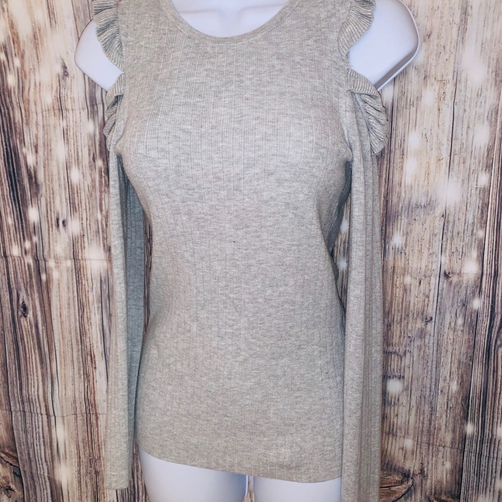 WHBM Light Grey Ruffles Cold Shoulder Sweater